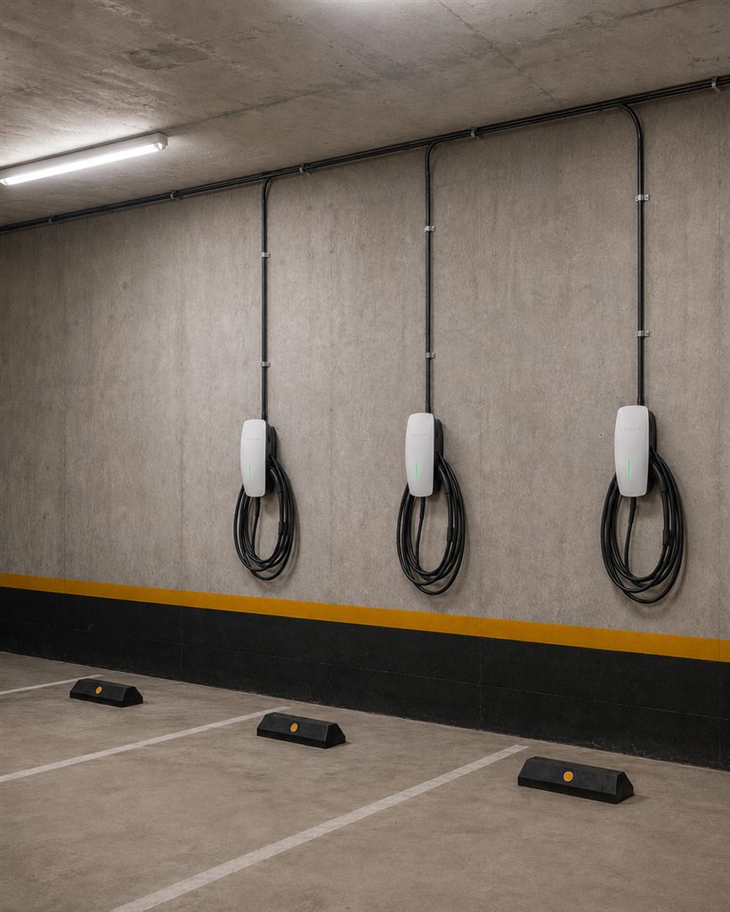 Bornes de recharge dans un stationnement souterrain de copropriété