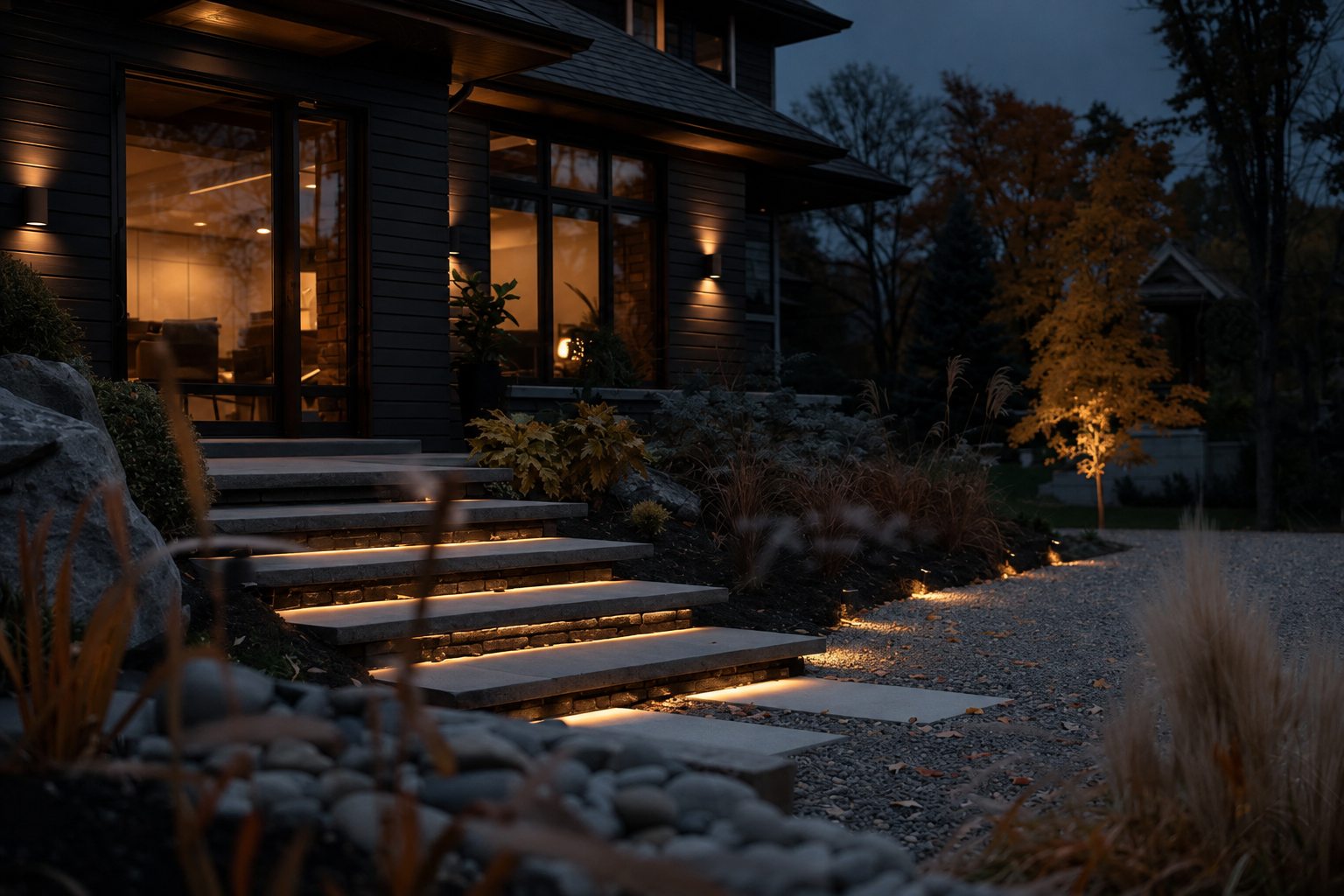 Éclairage architectural extérieur le soir