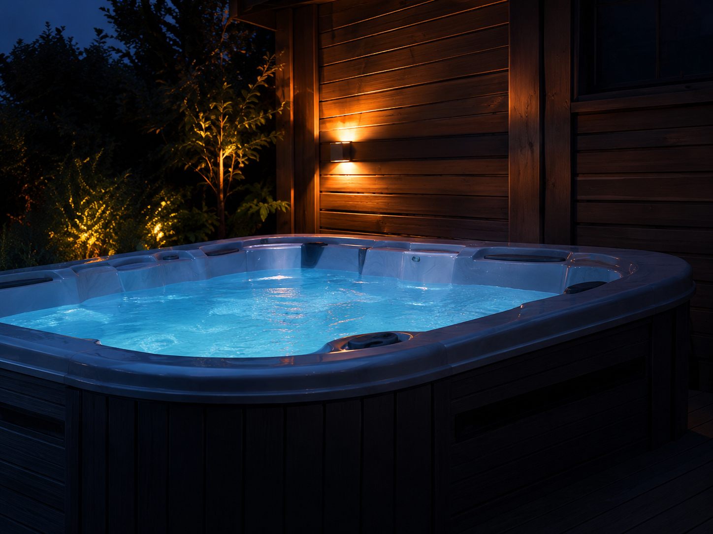 Spa extérieur illuminé la nuit
